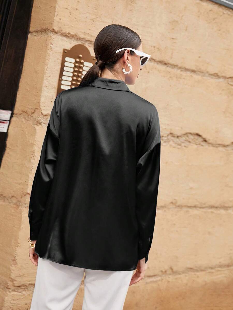 Women's Satin Button Front Long Sleeve Shirt, Silky Stretch Blouse for Work and Evening - White