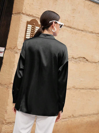 Women's Satin Button Front Long Sleeve Shirt, Silky Stretch Blouse for Work and Evening - White
