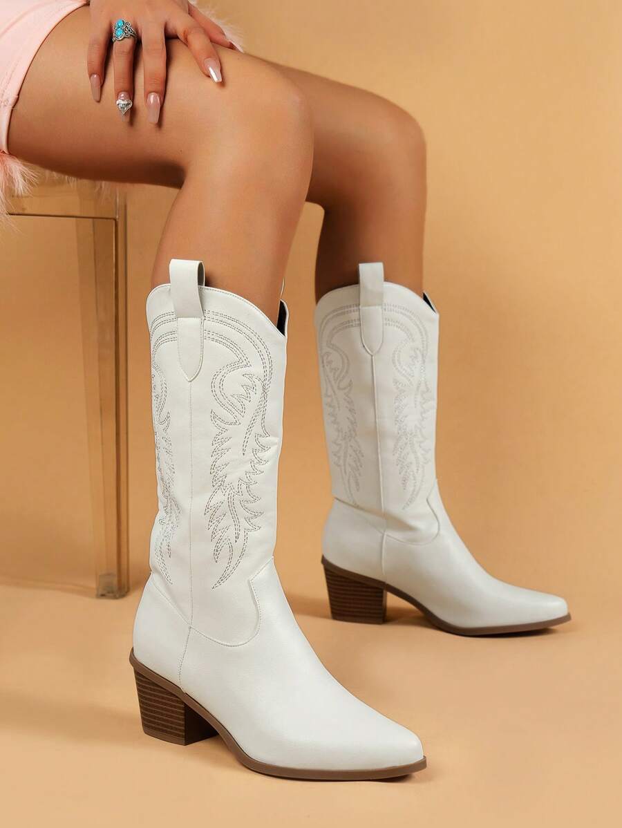 Fall/Winter 2025 Women's Western Style Embroidered Vintage Chunky Heel Mid-Calf V-Cut Riding Boots, Fashion,Cowboy Boots,Cowgirl Boots,Coachella Mensa