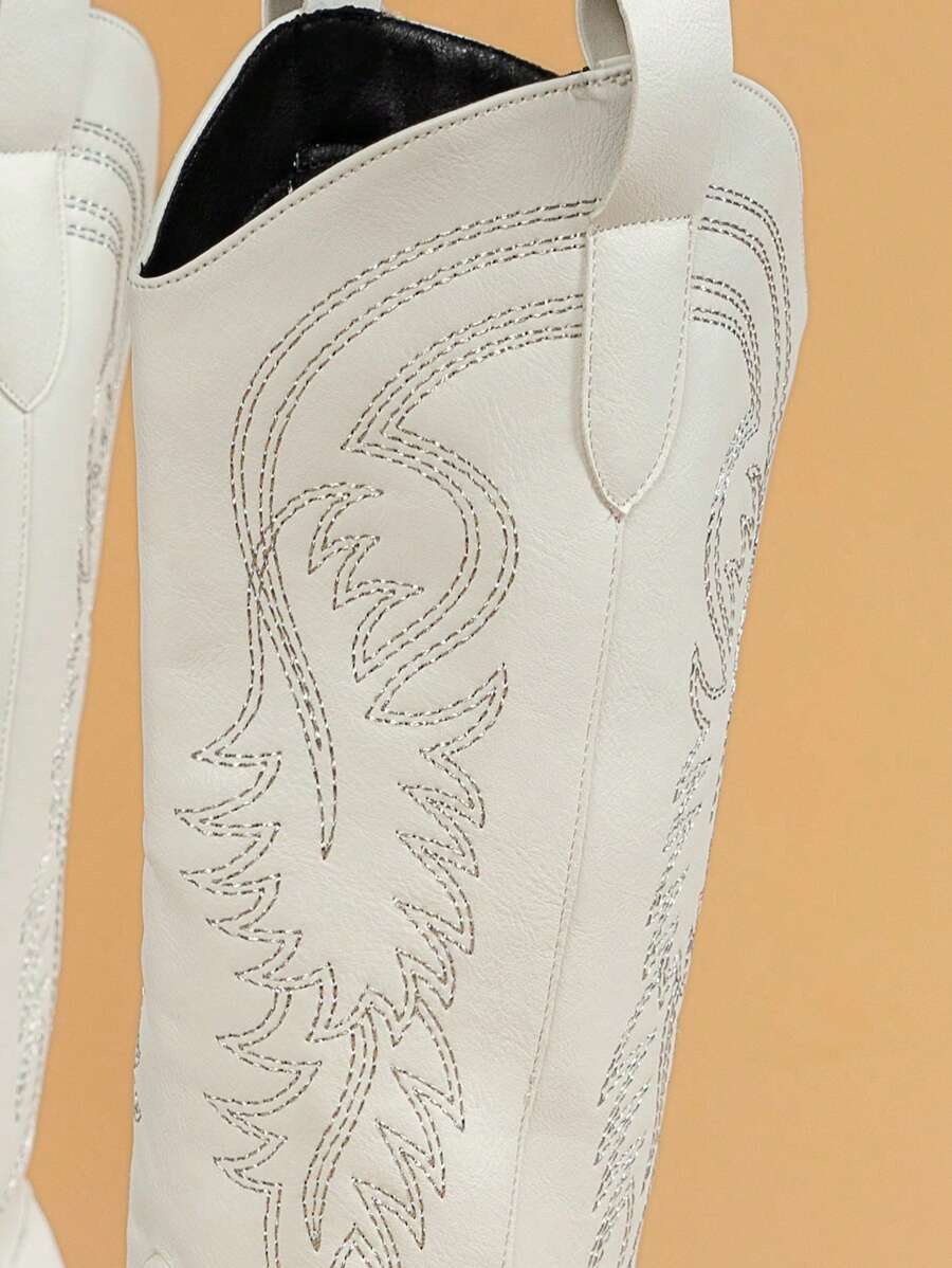 Fall/Winter 2025 Women's Western Style Embroidered Vintage Chunky Heel Mid-Calf V-Cut Riding Boots, Fashion,Cowboy Boots,Cowgirl Boots,Coachella Mensa