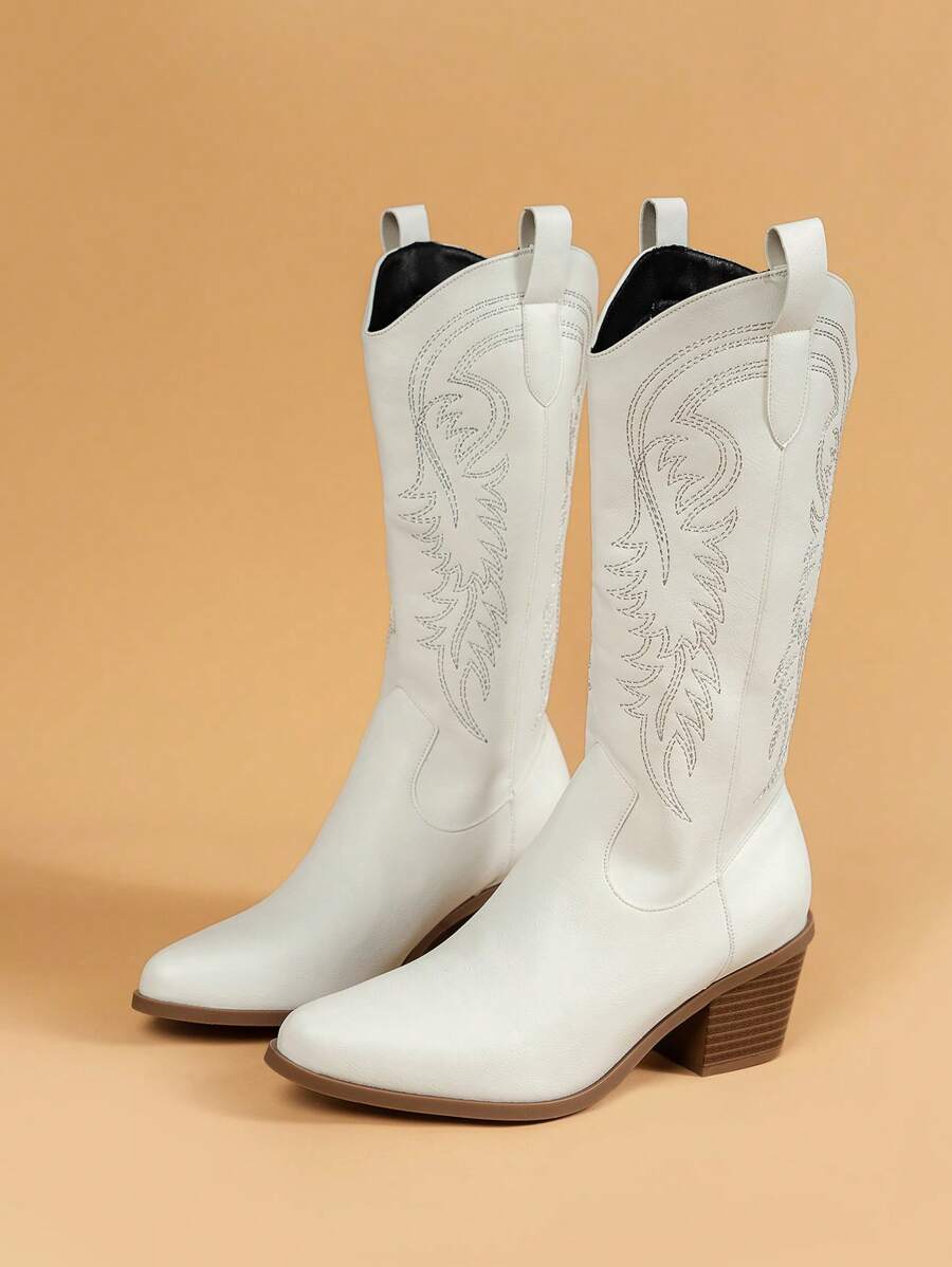 Fall/Winter 2025 Women's Western Style Embroidered Vintage Chunky Heel Mid-Calf V-Cut Riding Boots, Fashion,Cowboy Boots,Cowgirl Boots,Coachella Mensa