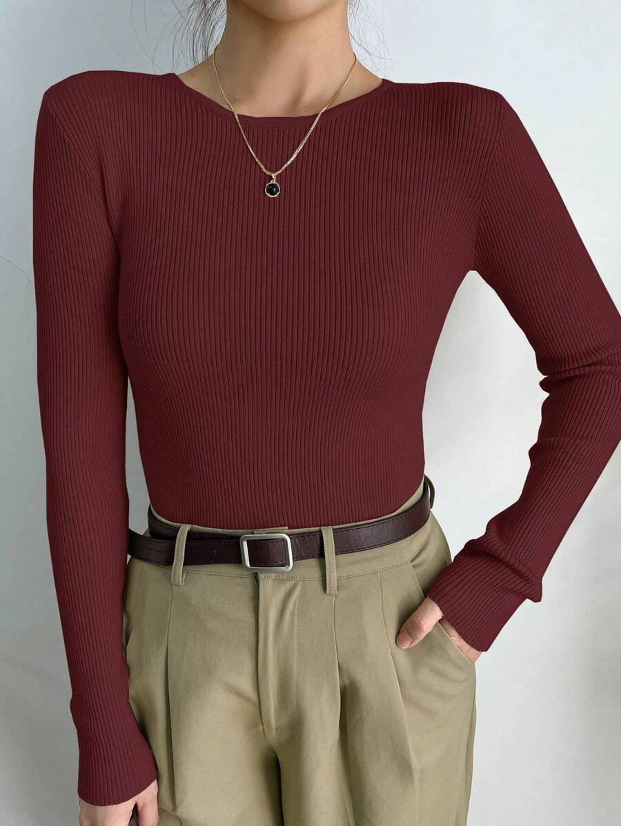Krakow Ribbed Knit Crew Neck Fitted Pullover Sweater
