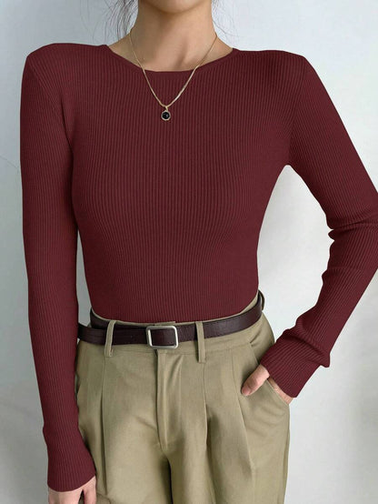 Krakow Ribbed Knit Crew Neck Fitted Pullover Sweater