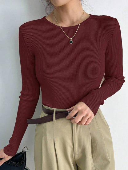 Krakow Ribbed Knit Crew Neck Fitted Pullover Sweater