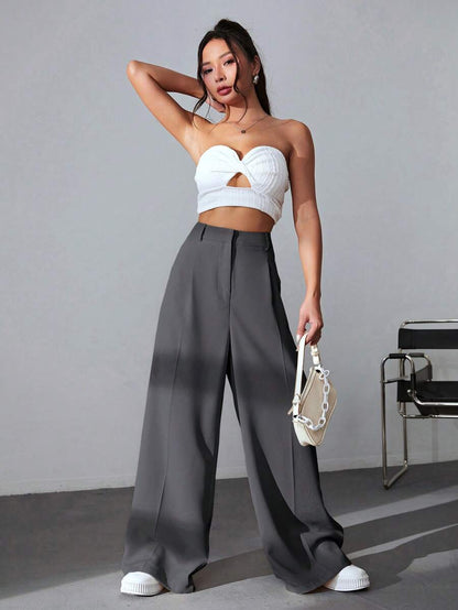 Carlotta High Waisted Straight Leg Trousers with Zip Fly - Black