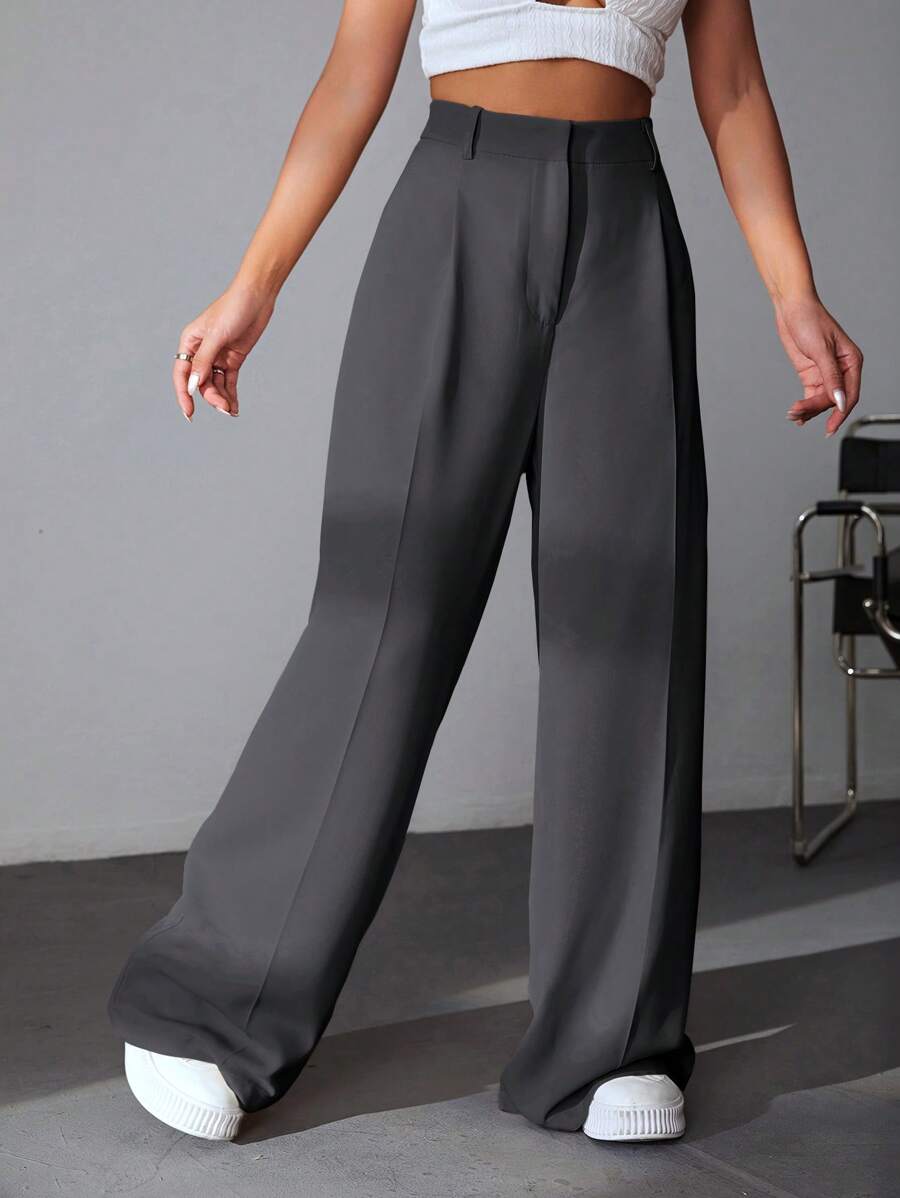 Carlotta High Waisted Straight Leg Trousers with Zip Fly - Black
