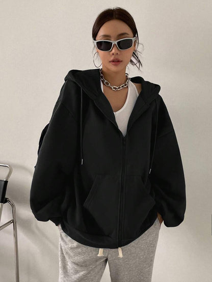 Eleanor Thermal Lined Zip Drawstring Hoodie - Black