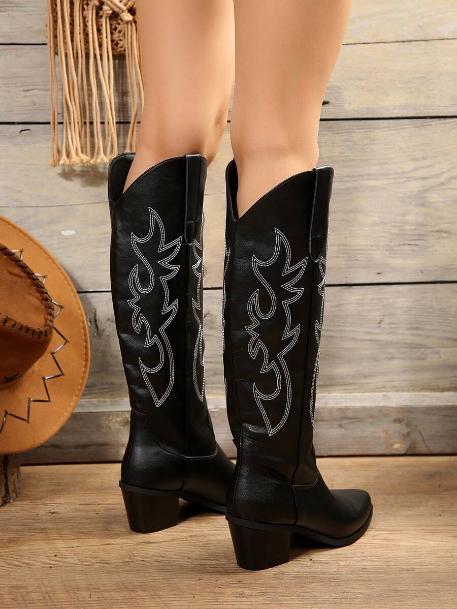 FVPFVP Fall/Winter 2025 Inspired Embroidered Boots, European & American New Style Chunky Heel Increased Height Retro Knee-High Cowboy Boots For Women,Western Style,Cowgirl Boots,Coachella Mensa