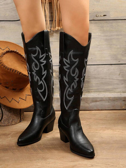 FVPFVP Fall/Winter 2025 Inspired Embroidered Boots, European & American New Style Chunky Heel Increased Height Retro Knee-High Cowboy Boots For Women,Western Style,Cowgirl Boots,Coachella Mensa