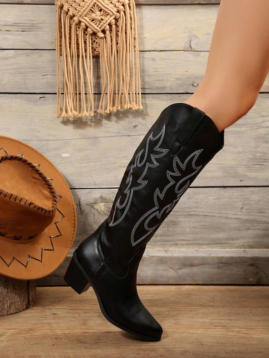 FVPFVP Fall/Winter 2025 Inspired Embroidered Boots, European & American New Style Chunky Heel Increased Height Retro Knee-High Cowboy Boots For Women,Western Style,Cowgirl Boots,Coachella Mensa