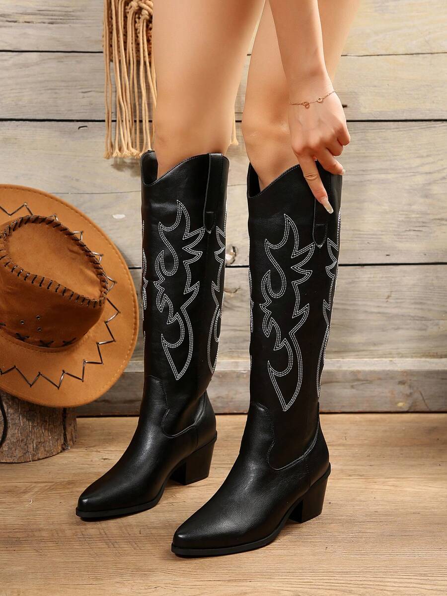 FVPFVP Fall/Winter 2025 Inspired Embroidered Boots, European & American New Style Chunky Heel Increased Height Retro Knee-High Cowboy Boots For Women,Western Style,Cowgirl Boots,Coachella Mensa