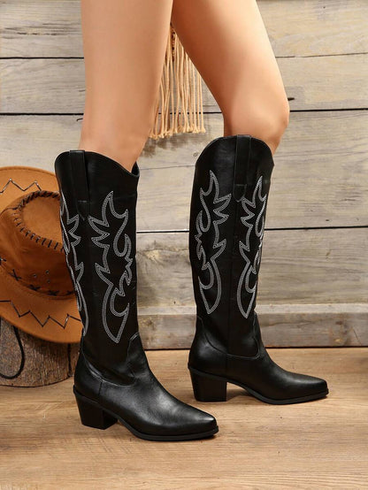 FVPFVP Fall/Winter 2025 Inspired Embroidered Boots, European & American New Style Chunky Heel Increased Height Retro Knee-High Cowboy Boots For Women,Western Style,Cowgirl Boots,Coachella Mensa