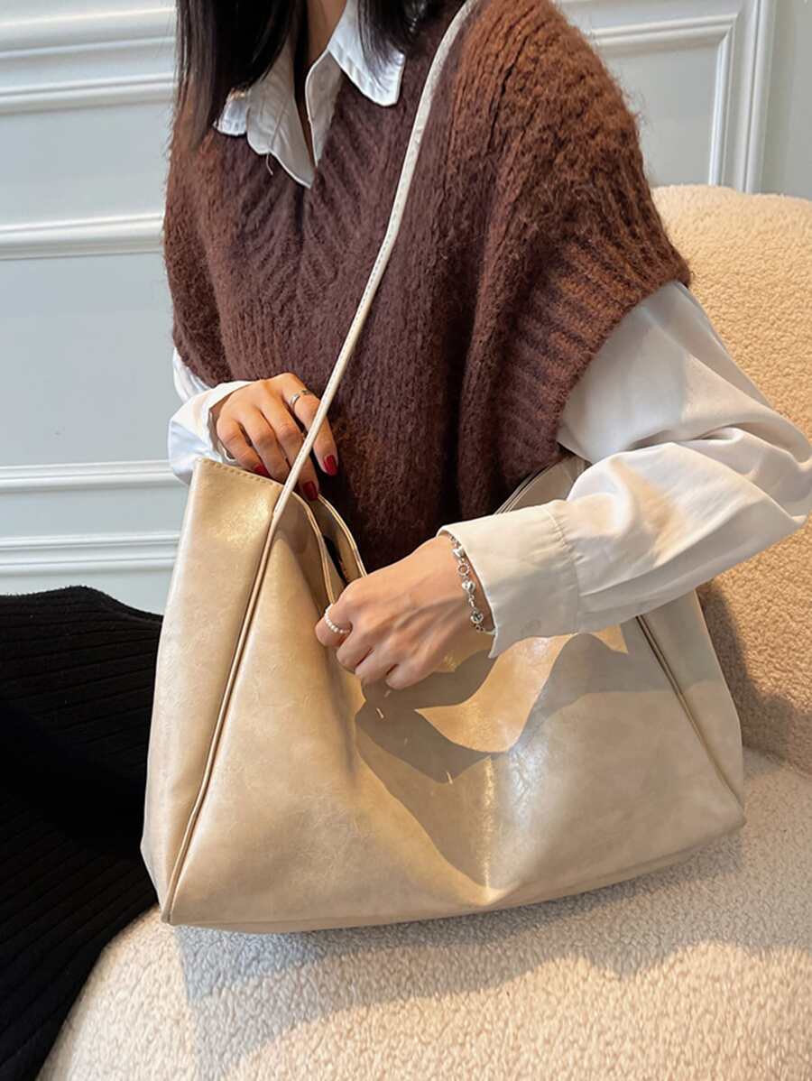 Women's Large Faux Leather Tote Bag, Vintage Shoulder Purse for Work and Travel