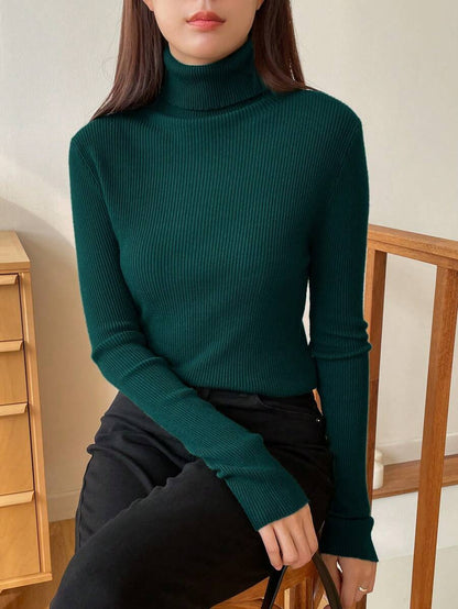 Tamsin Fitted Ribbed Turtleneck Sweater Long Sleeve Pullover - Forest Green