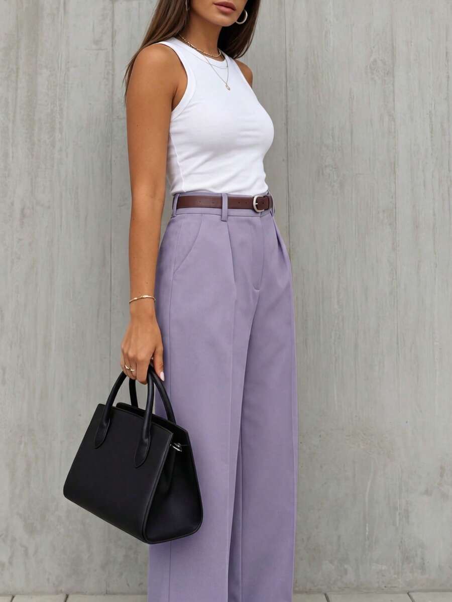 Simone High-Waist Pleated Wide-Leg Trousers with Pockets - Mauve Purple