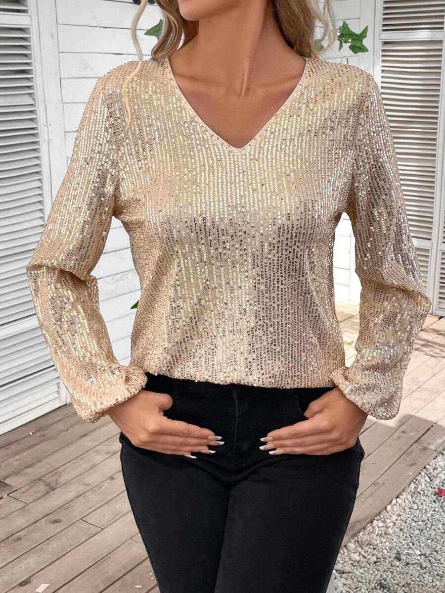 Dijon V Neck Sequin Lantern Sleeve Blouse - Champagne