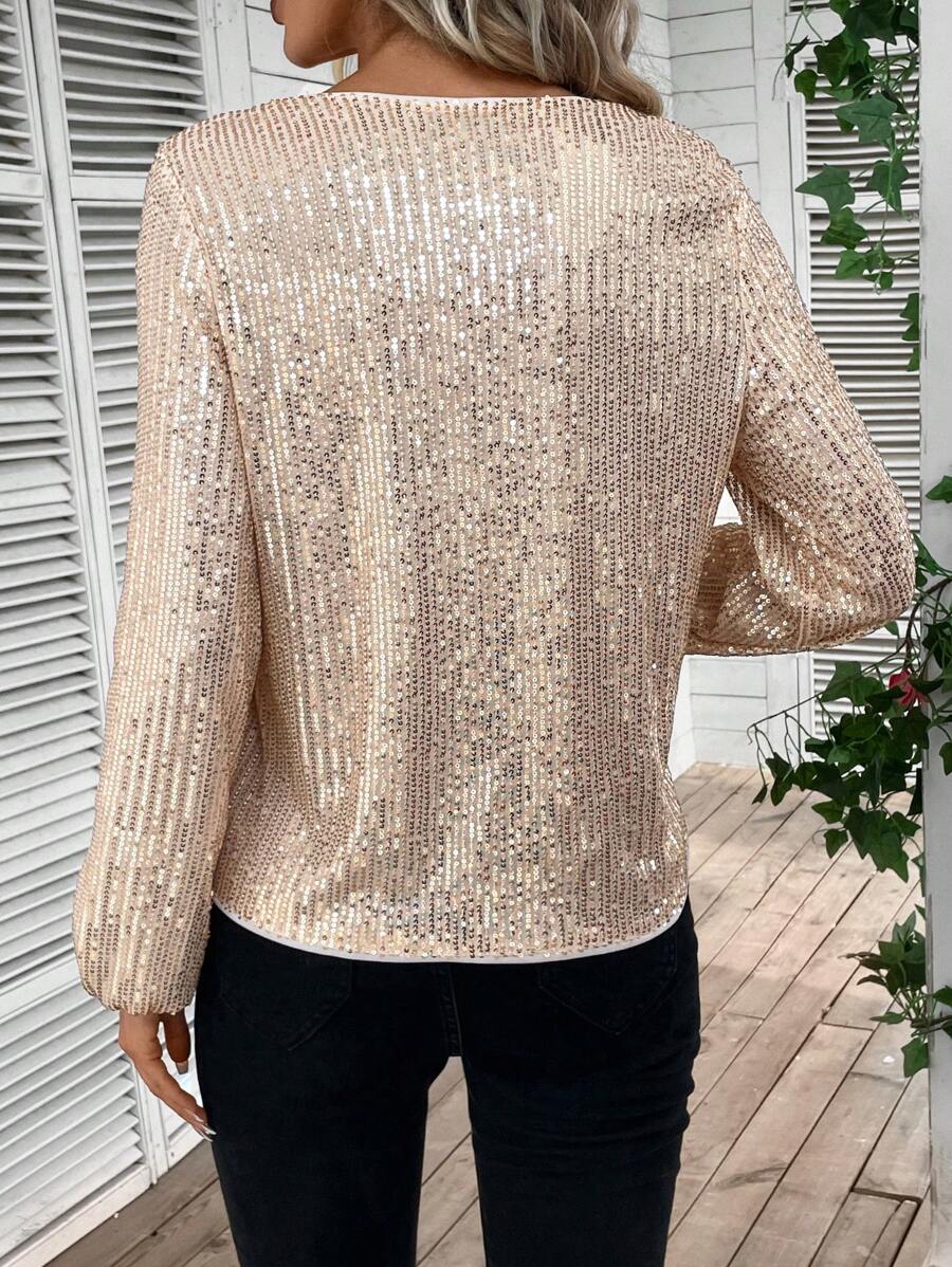 Dijon V Neck Sequin Lantern Sleeve Blouse