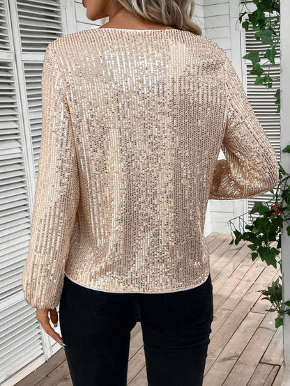 Dijon V Neck Sequin Lantern Sleeve Blouse