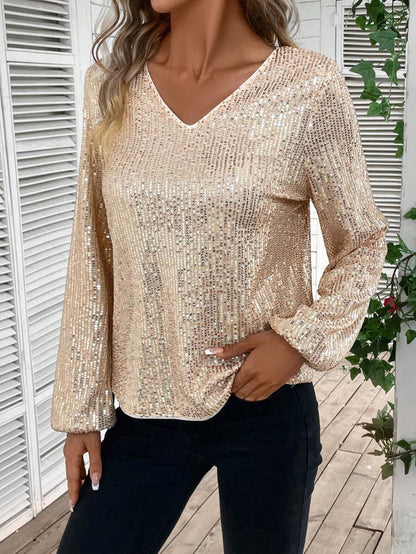 Dijon V Neck Sequin Lantern Sleeve Blouse