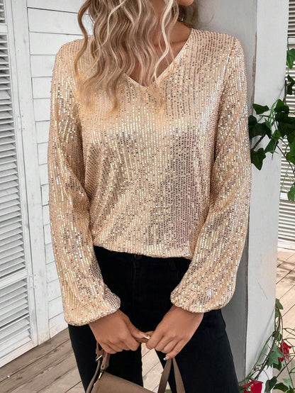 Dijon V Neck Sequin Lantern Sleeve Blouse