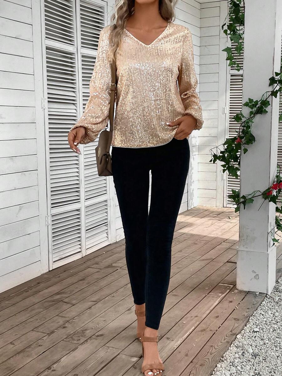 Dijon V Neck Sequin Lantern Sleeve Blouse