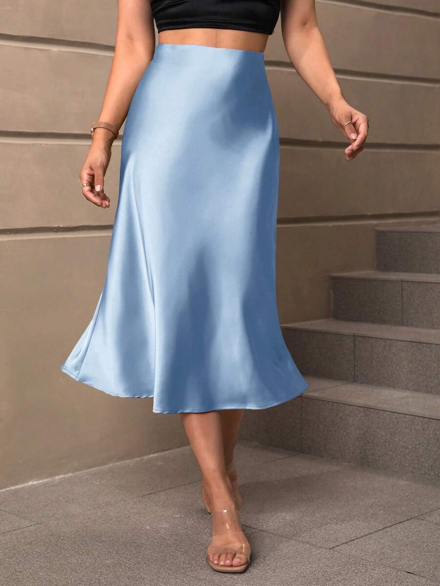 Sloane Silky Satin High-Waist Flared A-Line Midi Skirt - Light Blue