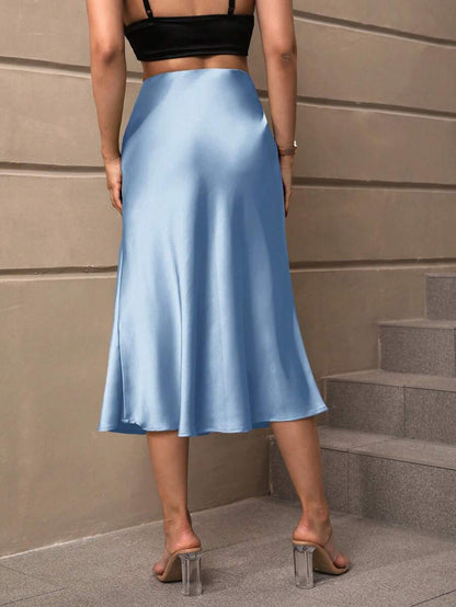 Sloane Silky Satin High-Waist Flared A-Line Midi Skirt - Light Blue