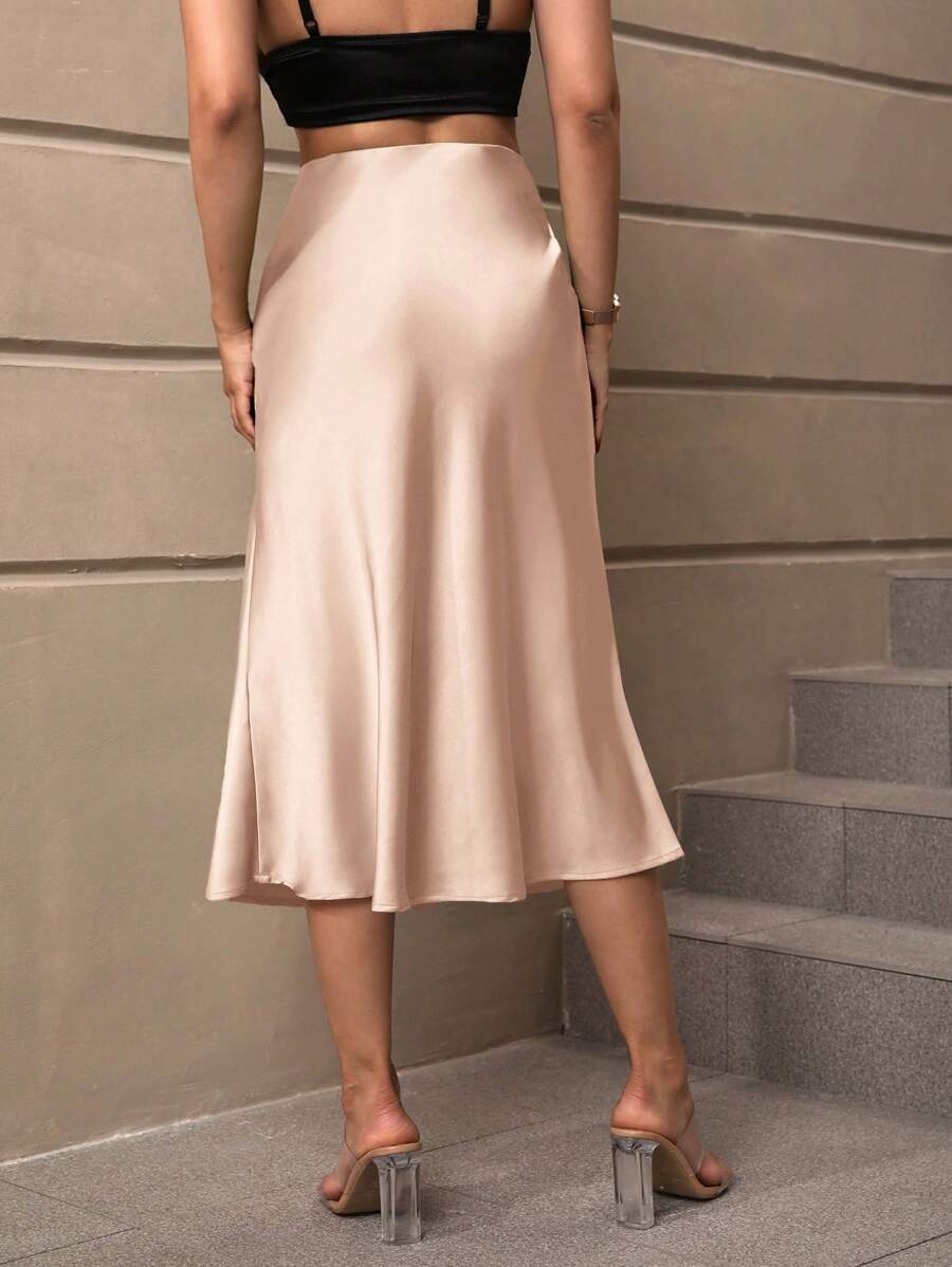 Sloane Silky Satin High-Waist Flared A-Line Midi Skirt - Champagne