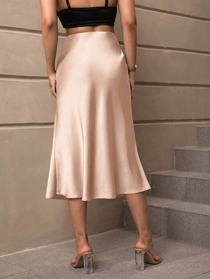 Sloane Silky Satin High-Waist Flared A-Line Midi Skirt - Champagne
