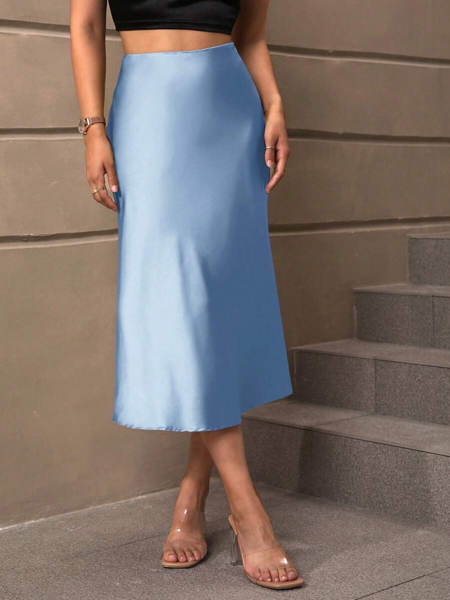 Sloane Silky Satin High-Waist Flared A-Line Midi Skirt - Light Blue