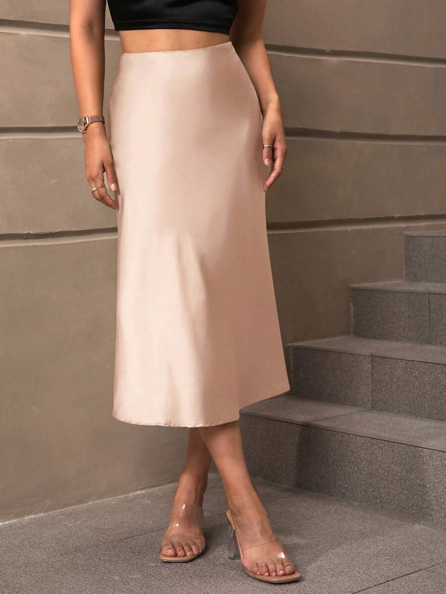Sloane Silky Satin High-Waist Flared A-Line Midi Skirt - Champagne