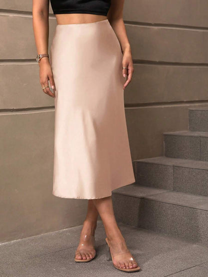 Sloane Silky Satin High-Waist Flared A-Line Midi Skirt - Champagne