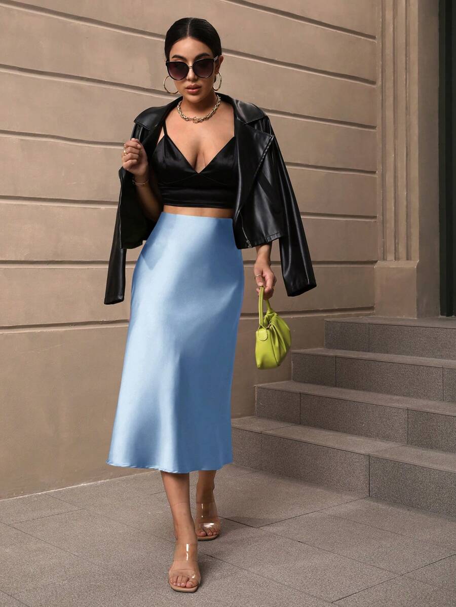 Sloane Silky Satin High-Waist Flared A-Line Midi Skirt - Light Blue