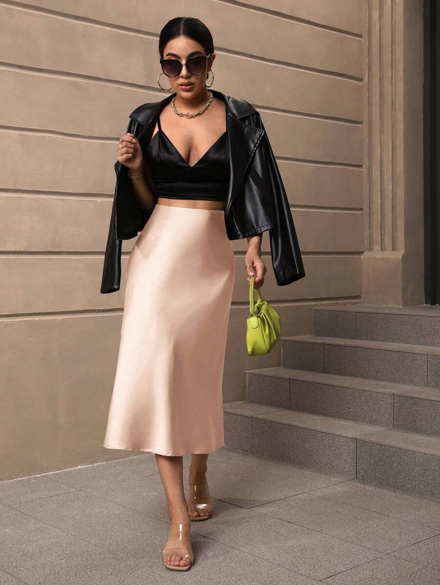 Sloane Silky Satin High-Waist Flared A-Line Midi Skirt - Champagne