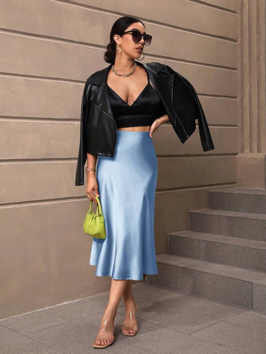 Sloane Silky Satin High-Waist Flared A-Line Midi Skirt - Light Blue