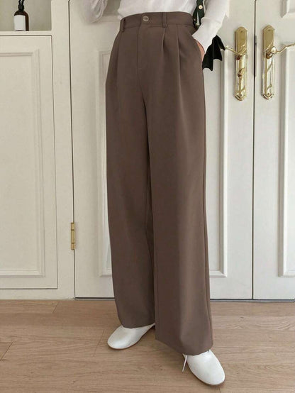 Delft High Waist Pleated Straight Leg Trousers - Brown
