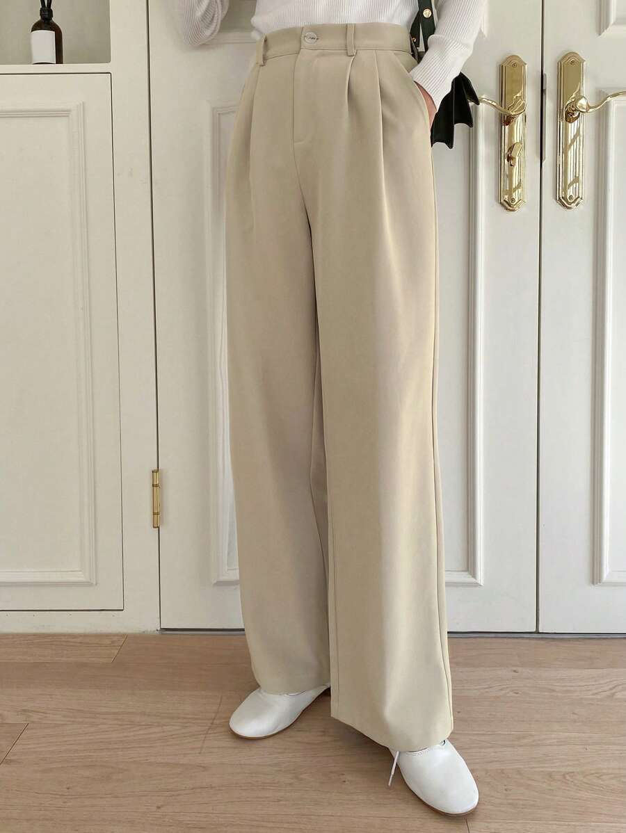 Delft High Waist Pleated Straight Leg Trousers - Apricot