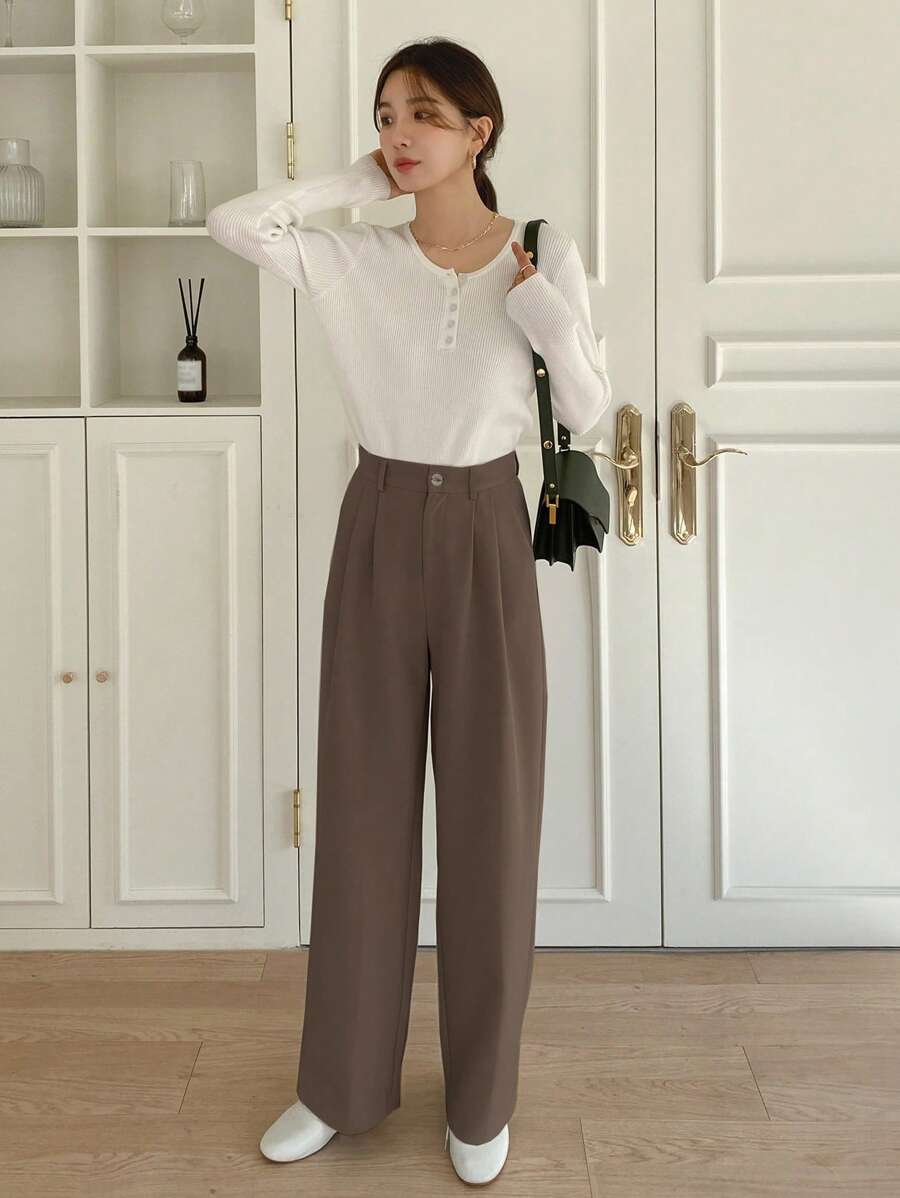 Delft High Waist Pleated Straight Leg Trousers