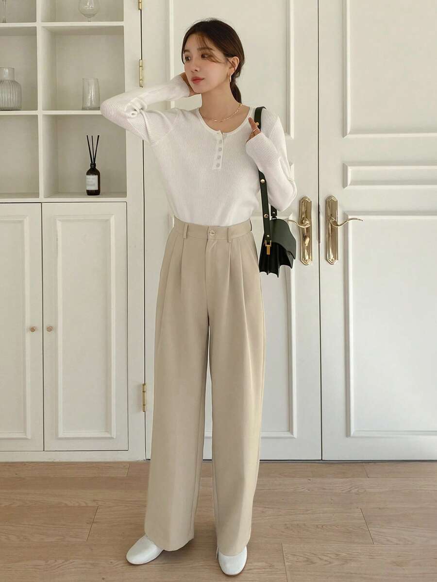 Delft High Waist Pleated Straight Leg Trousers