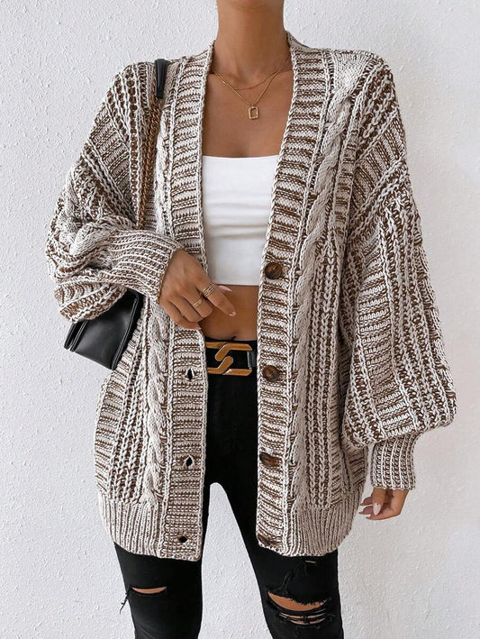 Lucienne Space-Dye Cable Knit Cardigan with Lantern Sleeves - Multicolor