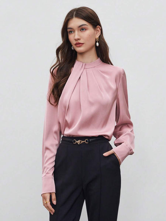 Women's Ruched Stand Collar Blouse, Asymmetric Loose Long Sleeve Top for Work Office - Pink