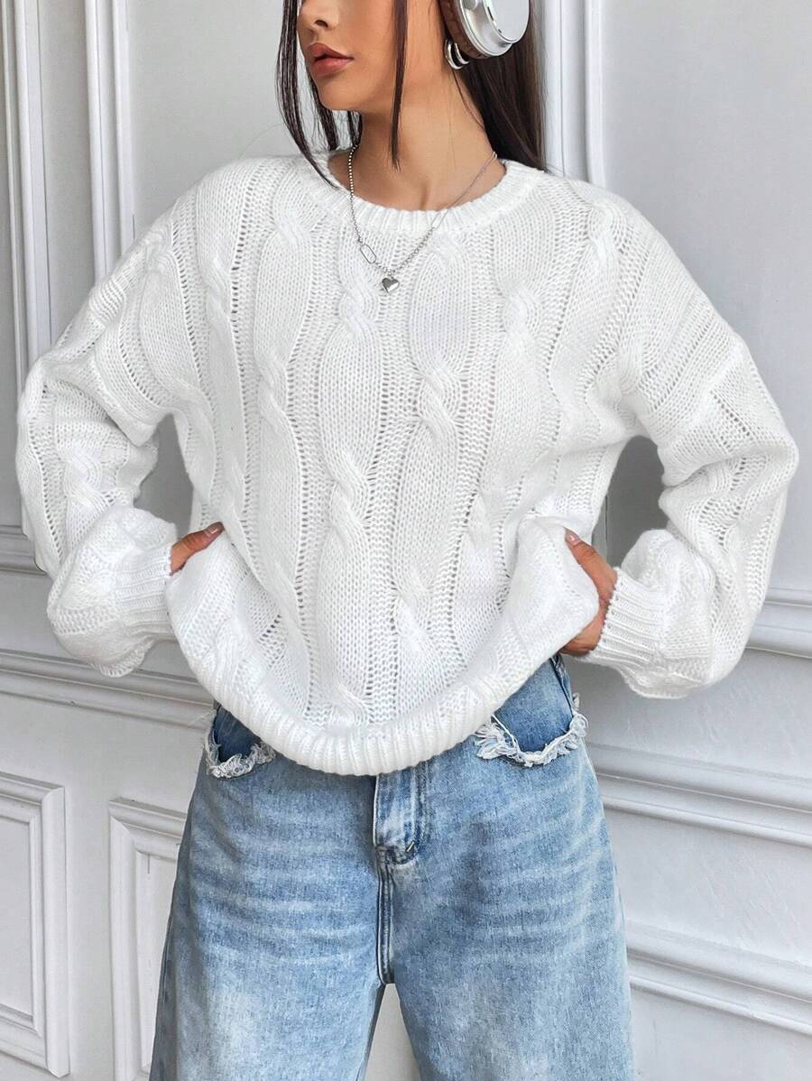 Perrine Chunky Knit Sweater with Cable Pattern and Drop Shoulder - White