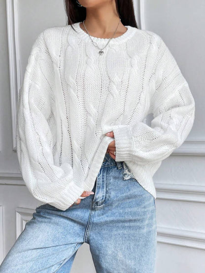 Perrine Chunky Knit Sweater with Cable Pattern and Drop Shoulder - White