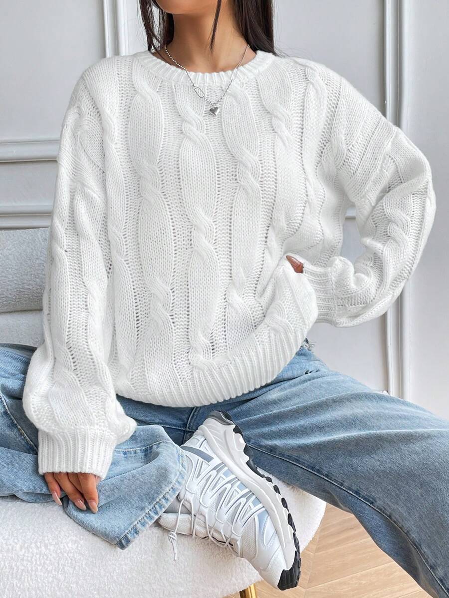 Perrine Chunky Knit Sweater with Cable Pattern and Drop Shoulder - White
