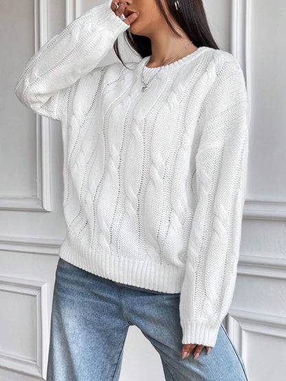 Perrine Chunky Knit Sweater with Cable Pattern and Drop Shoulder - White