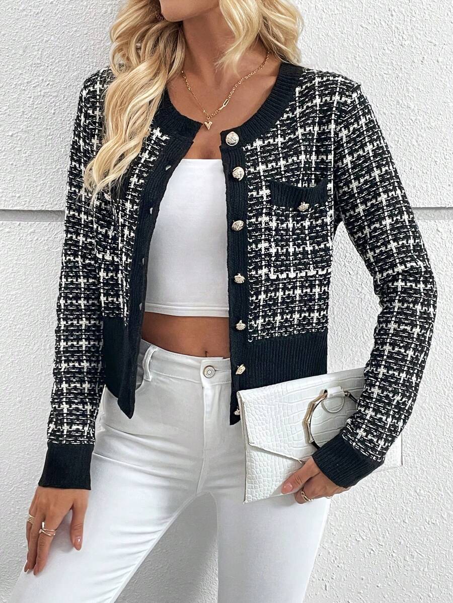 Cheltenham Plaid Tweed Look Cropped Knit Cardigan with Buttons - Black and White