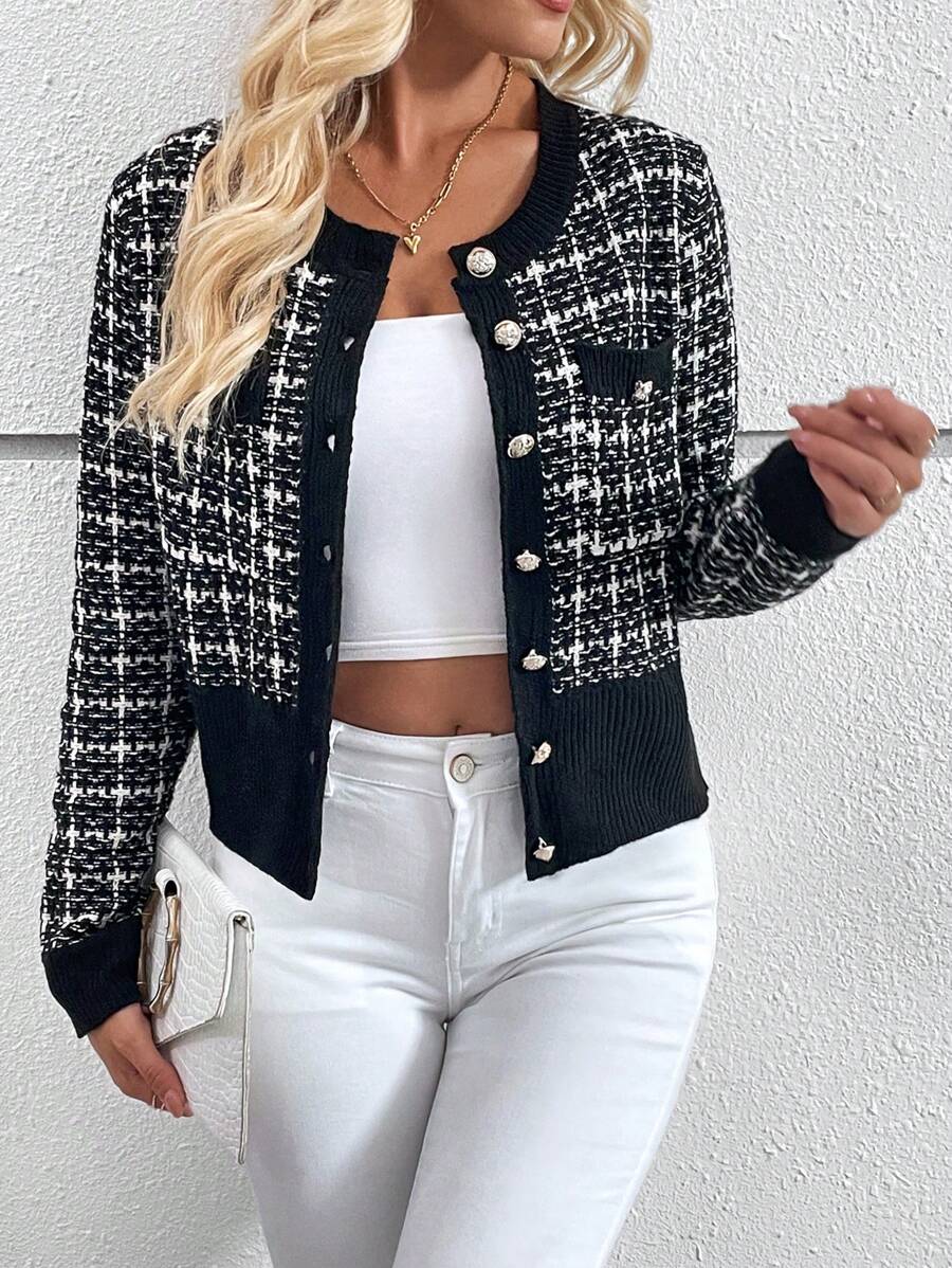 Cheltenham Plaid Tweed Look Cropped Knit Cardigan with Buttons