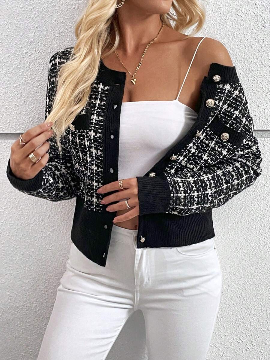 Cheltenham Plaid Tweed Look Cropped Knit Cardigan with Buttons