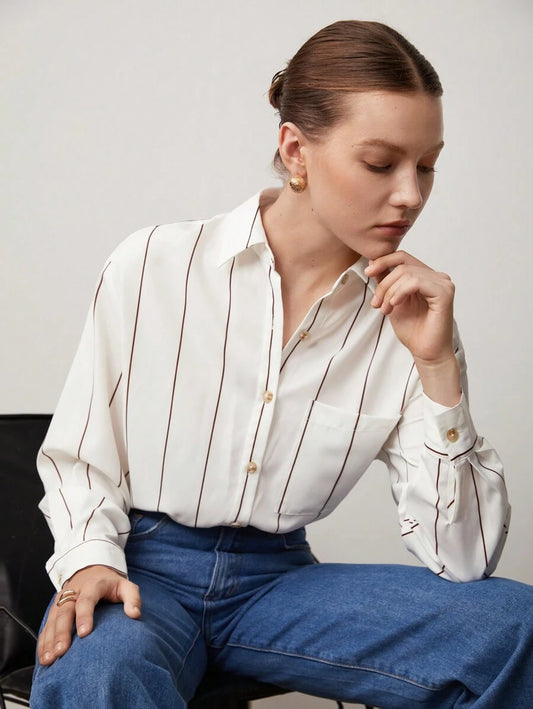 Juliette Striped Print Button-Up Long Sleeve Shirt - Beige