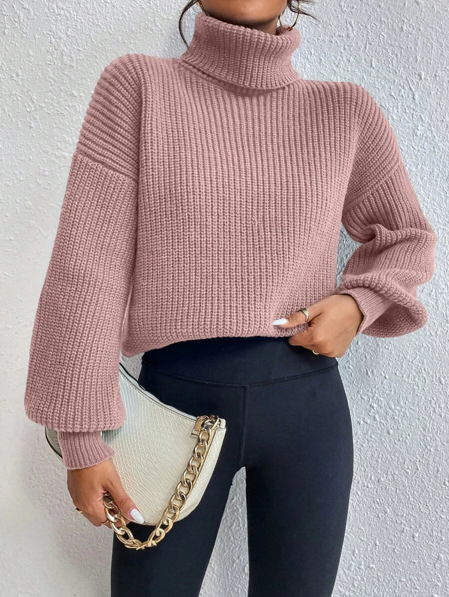 Wilhelmina Rib Knit Turtleneck Drop Shoulder Pullover Sweater - Royal Blue